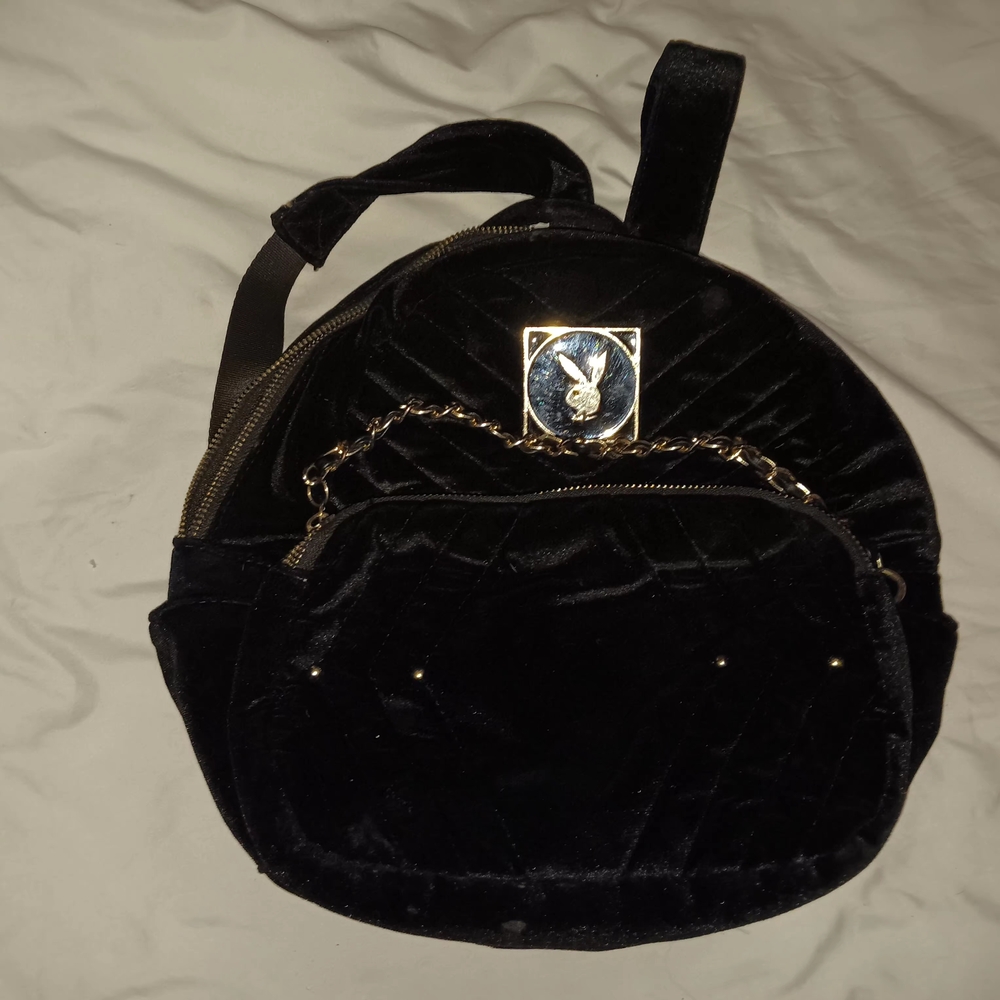 Compact Black Shimmery Backpack with Decorative Emblem